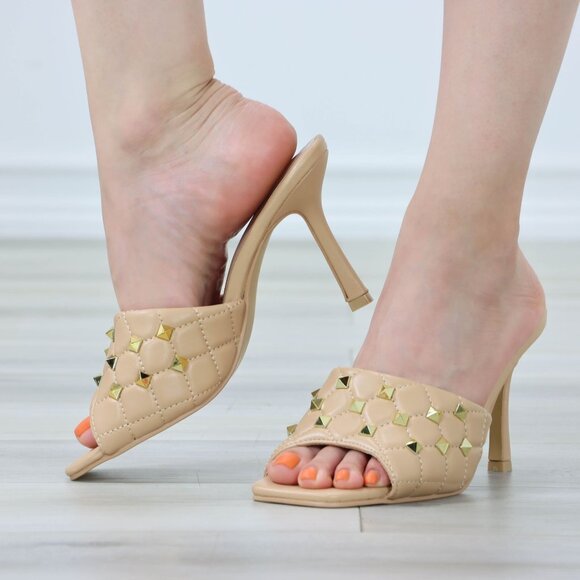 Nude High Heel Sandals Square Open Toe Slip On Mules Stiletto's - Picture 9 of 11